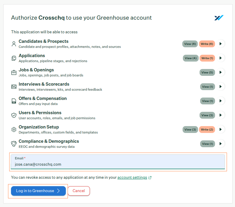Greenhouse authorization screen for the Crosschq integration