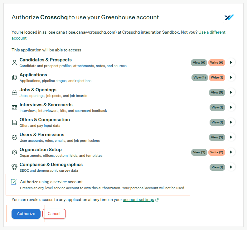 Greenhouse authorization screen for the Crosschq integration, continued