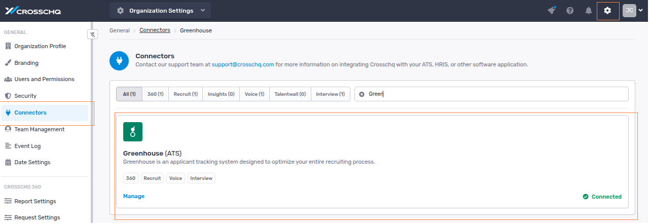Greenhouse connector card in Crosschq Connectors settings with the Manage option