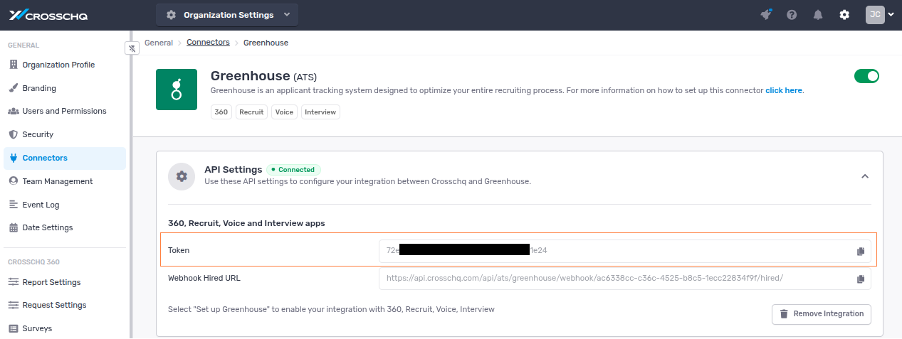 API Settings panel in Crosschq showing the Greenhouse token