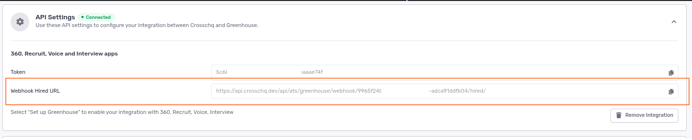 Greenhouse connector API settings in Crosschq showing the Webhook Hired URL
