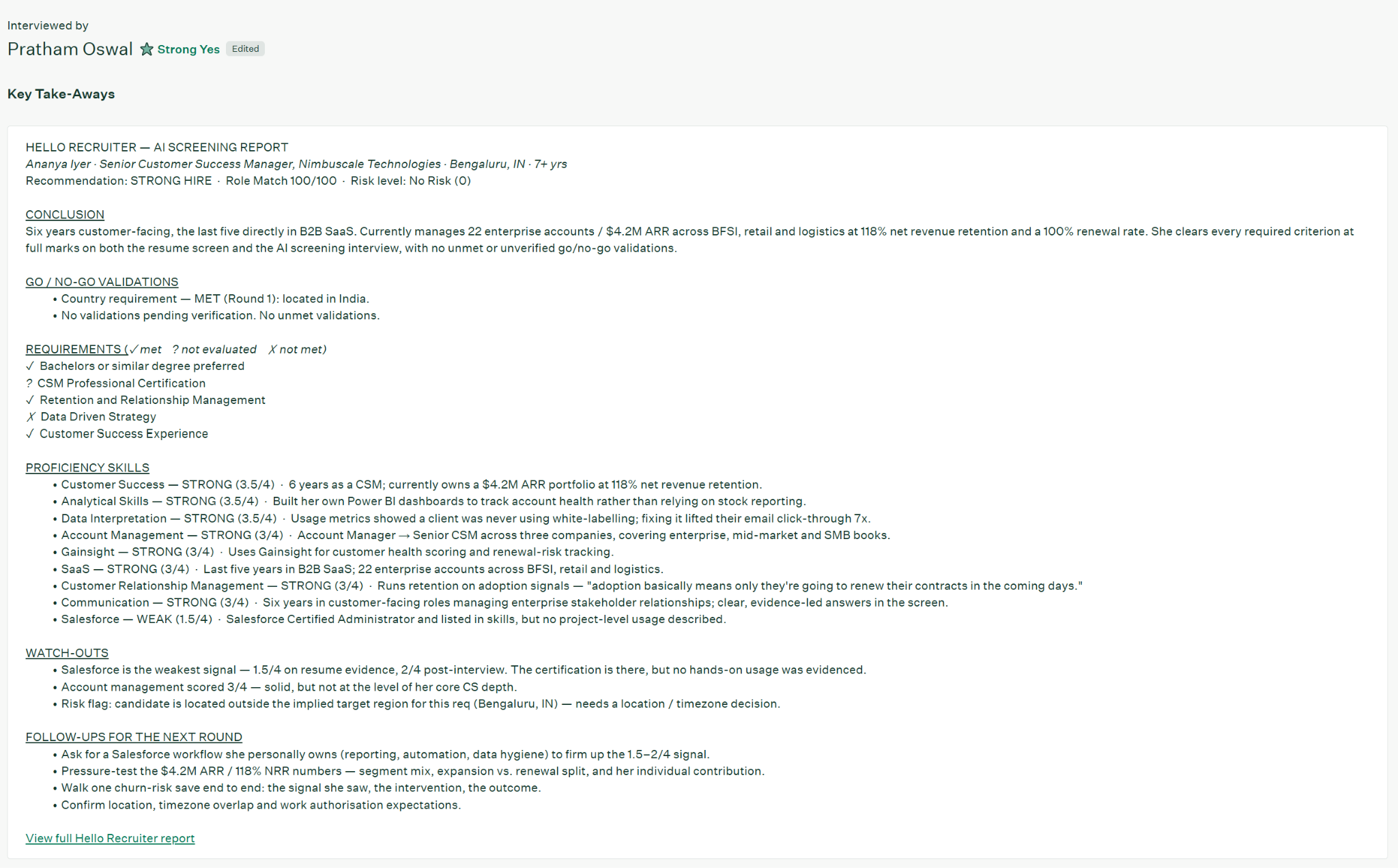 Per-skill scores with supporting evidence shown in the interview kit