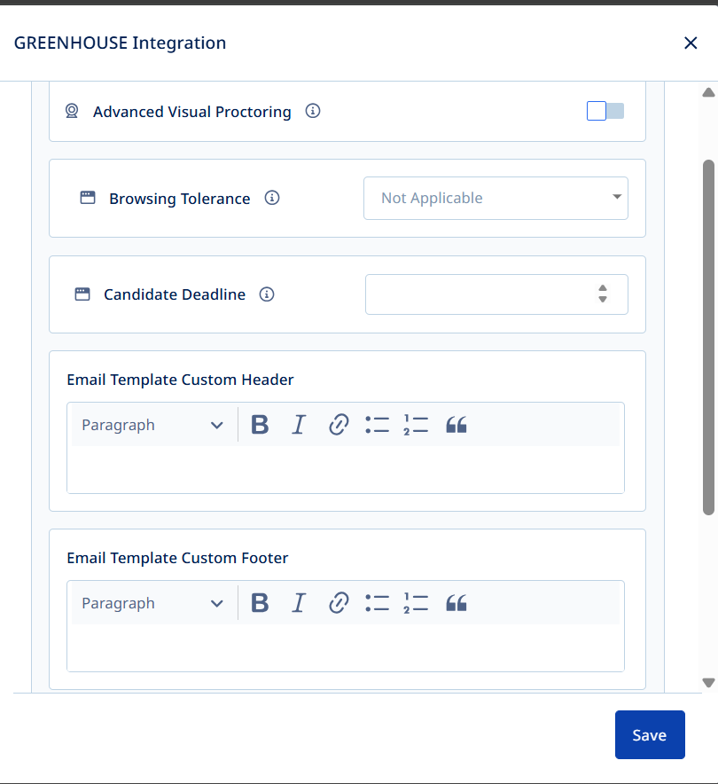 Mettl Greenhouse integration configuration screen with anti-cheating settings