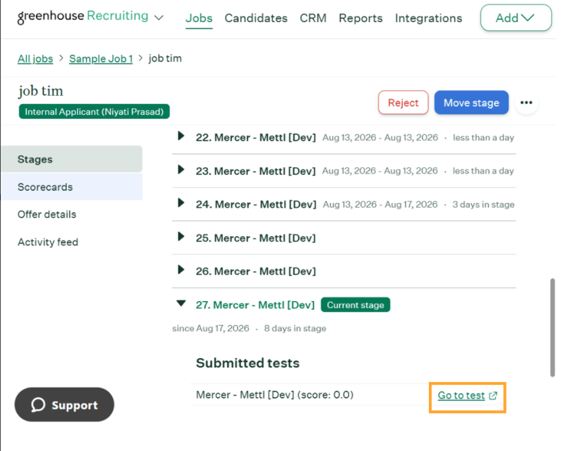 Interview Kit with a link to view the submitted test in Mettl