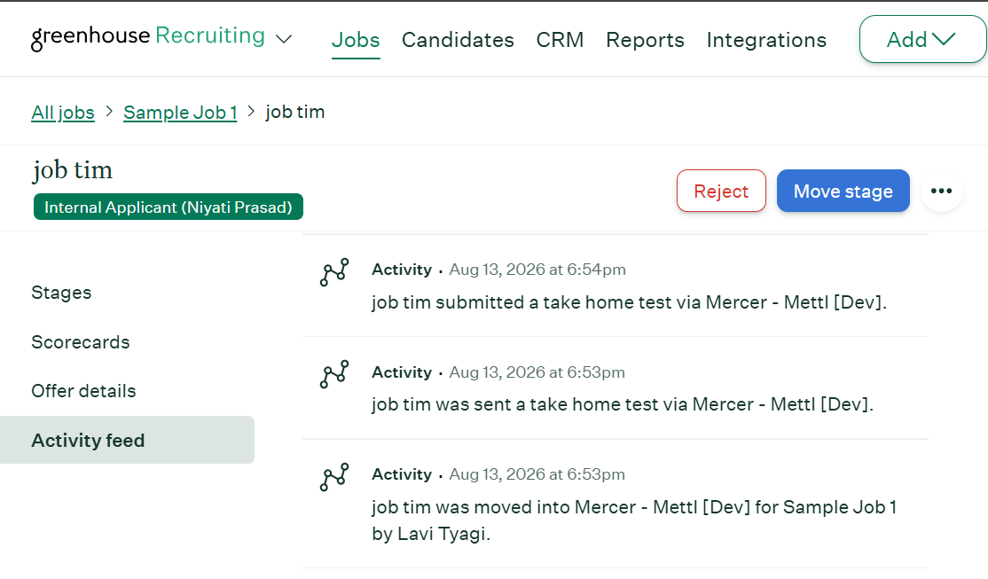Assessment status displayed in Greenhouse Recruiting