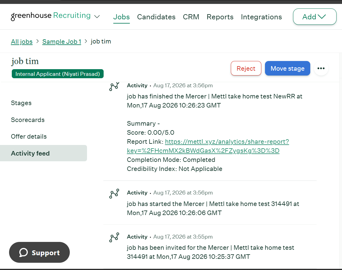 Activity log showing Harvest optional feature notifications