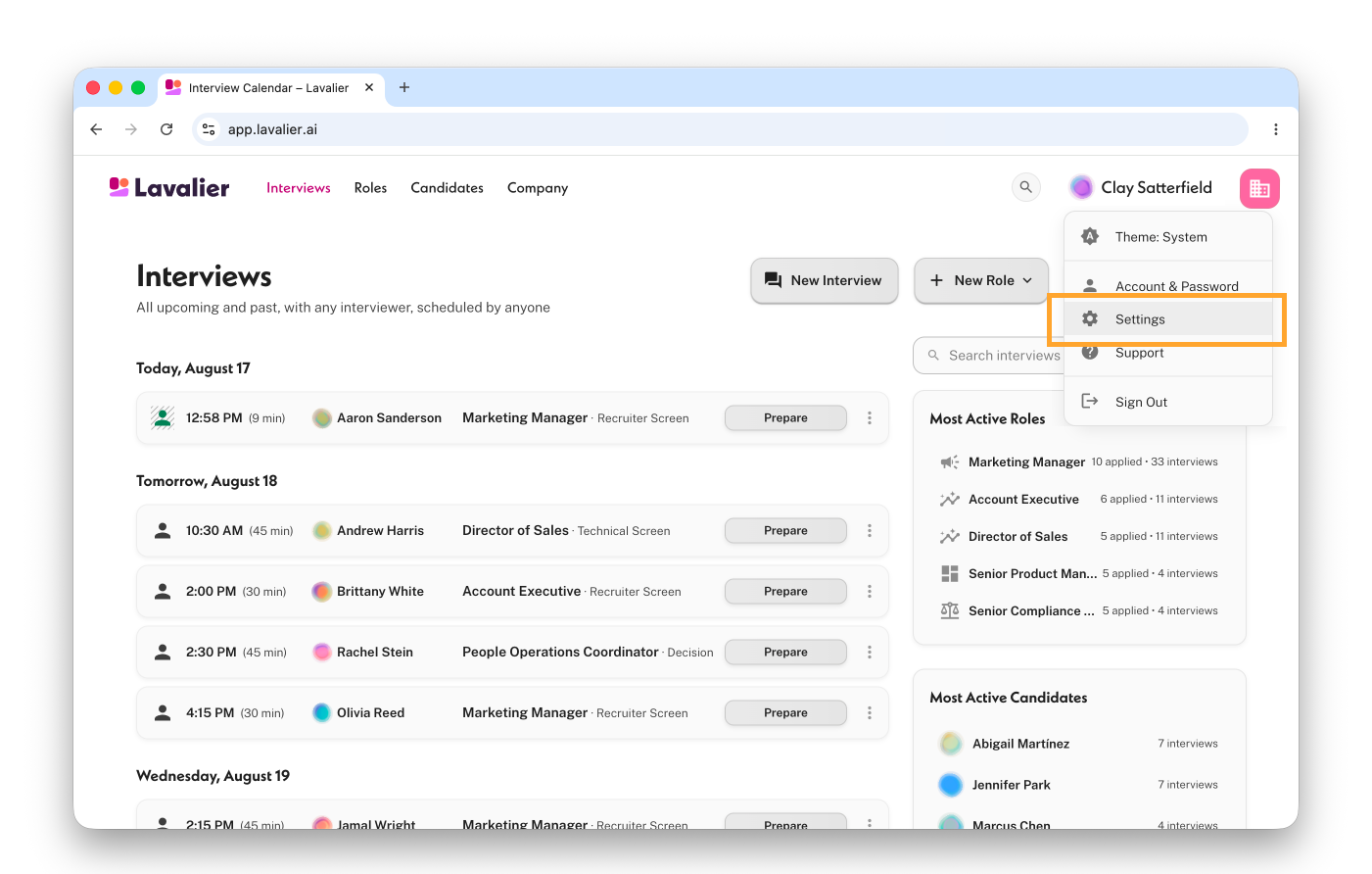 Opening Settings from the account menu in Lavalier