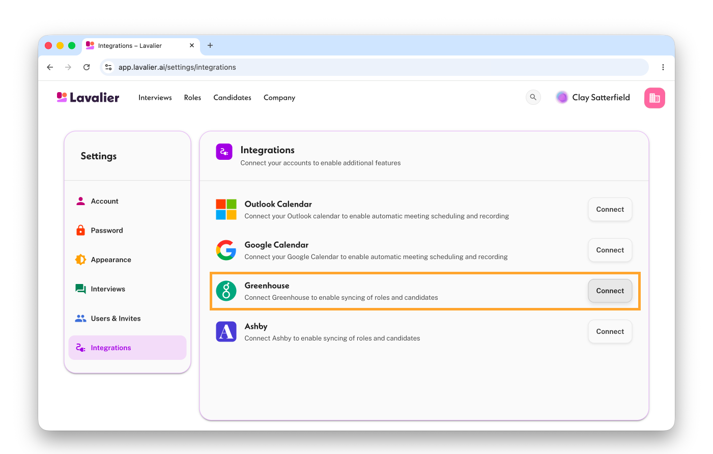 The Greenhouse row on the Integrations page, before connecting