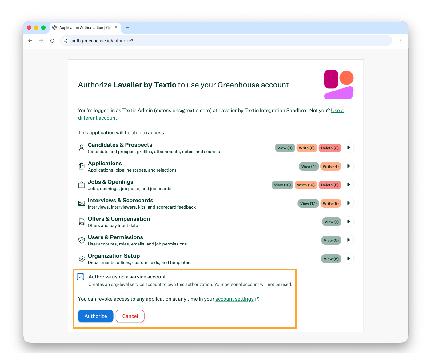 Greenhouse's authorization page, showing the Authorize using a service account checkbox