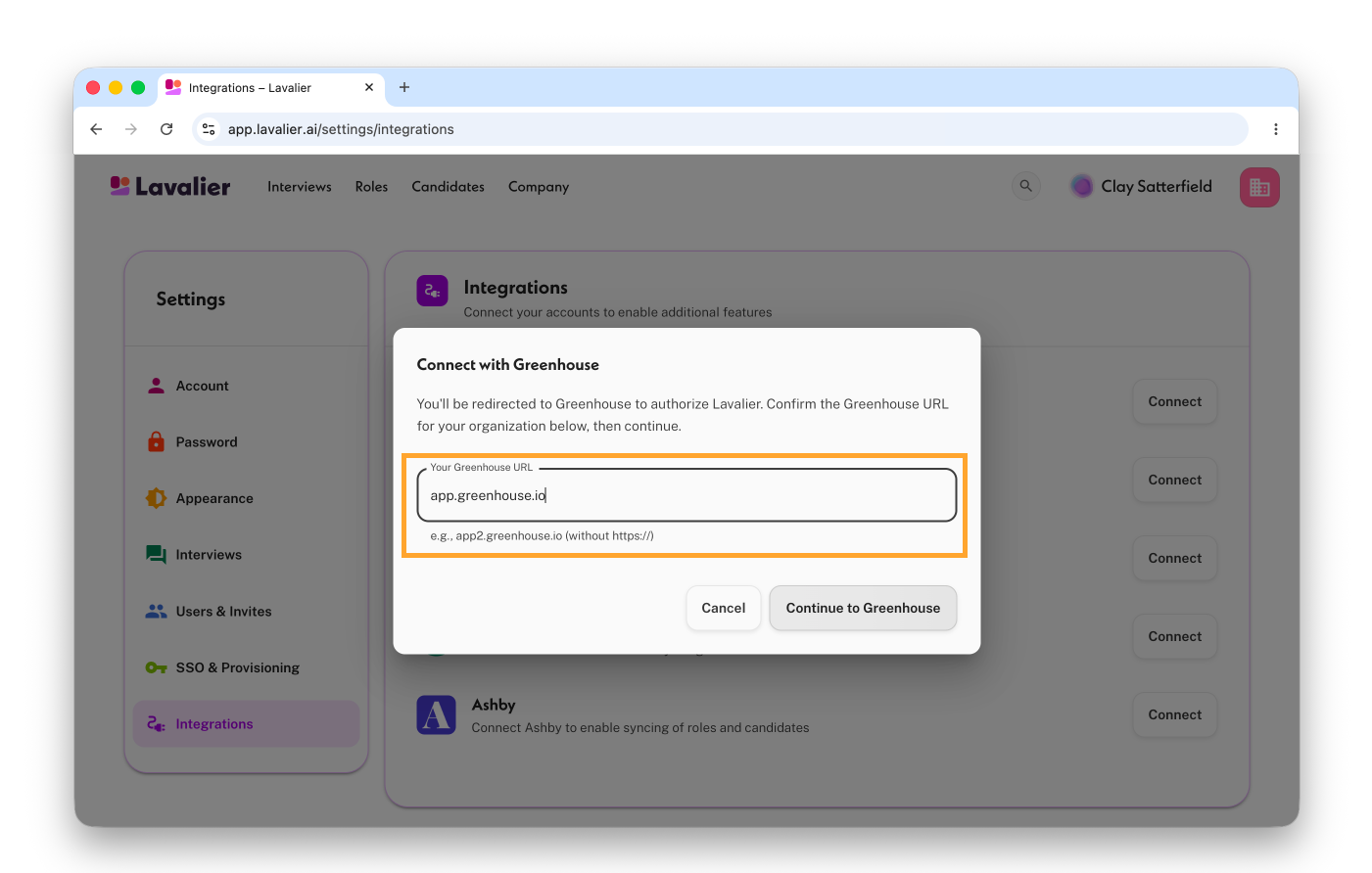 Entering your Greenhouse URL in Lavalier before authorizing
