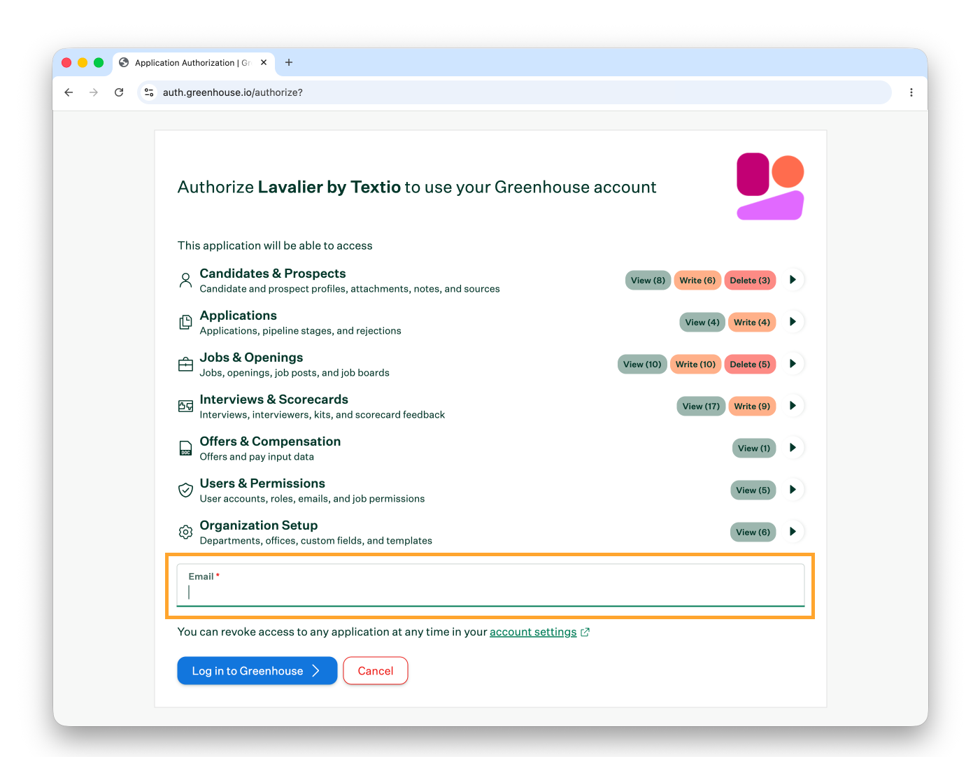 Greenhouse's first authorization page, showing the access Lavalier requests