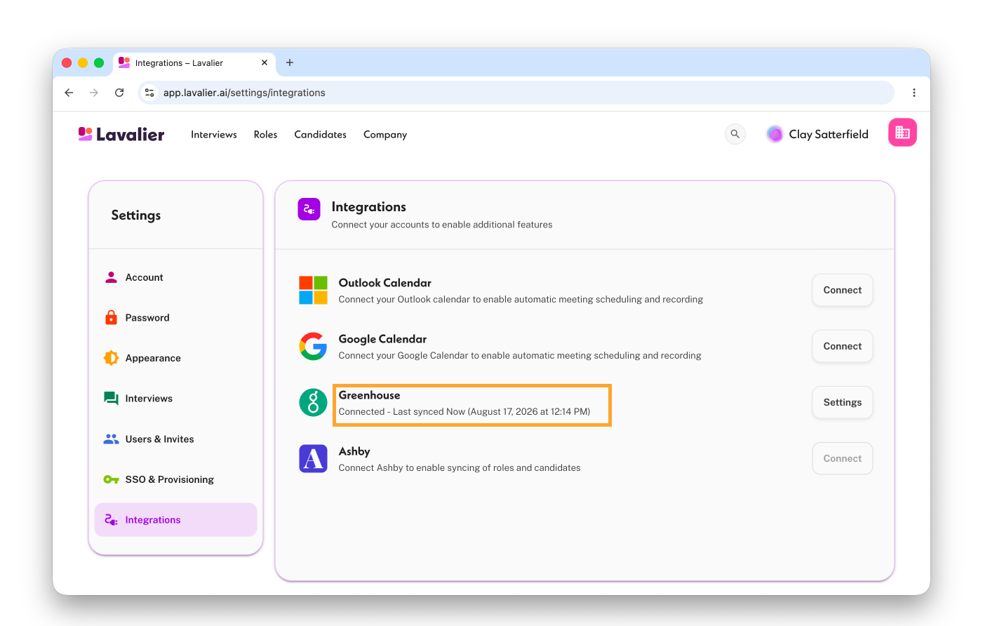 Greenhouse connected in Lavalier, showing sync status