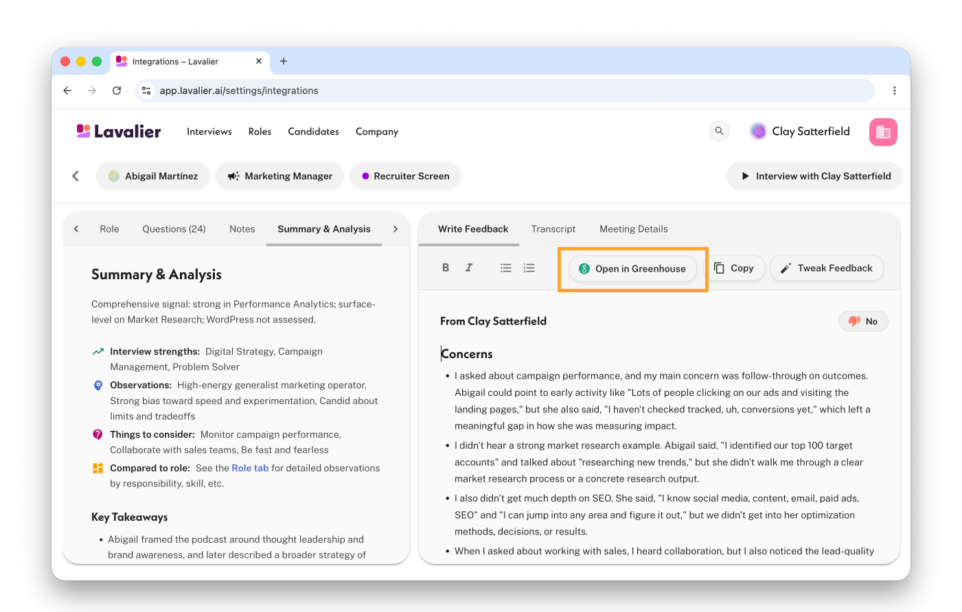 Button to open the Greenhouse scorecard from the Lavalier feedback page
