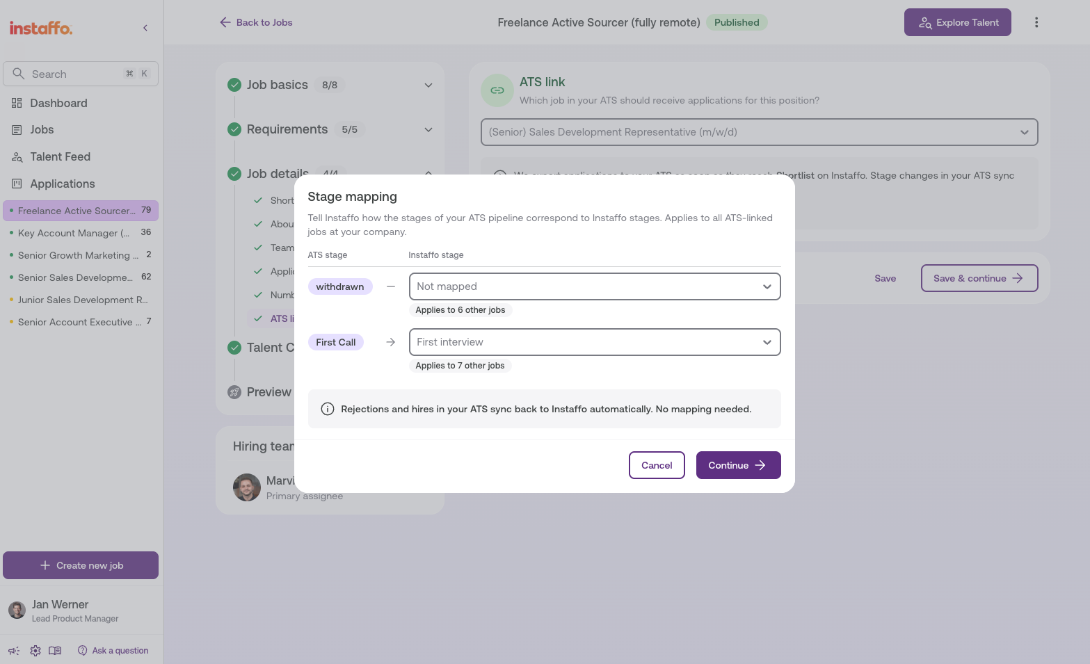 Stage mapping settings in Instaffo