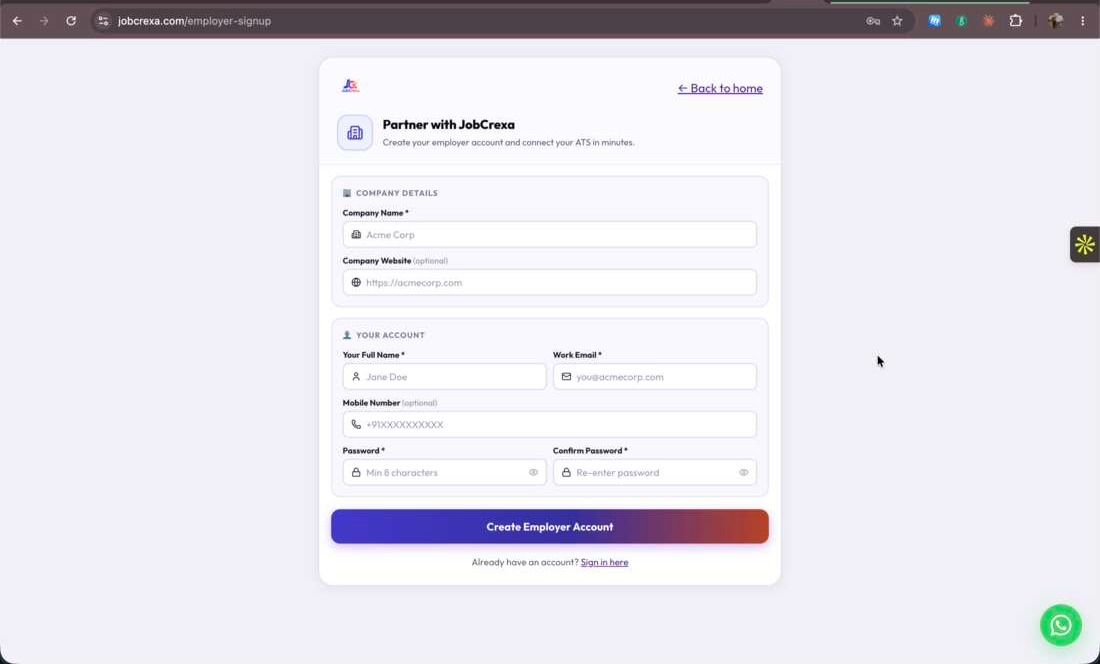 Employer Sign Up menu on jobcrexa.com