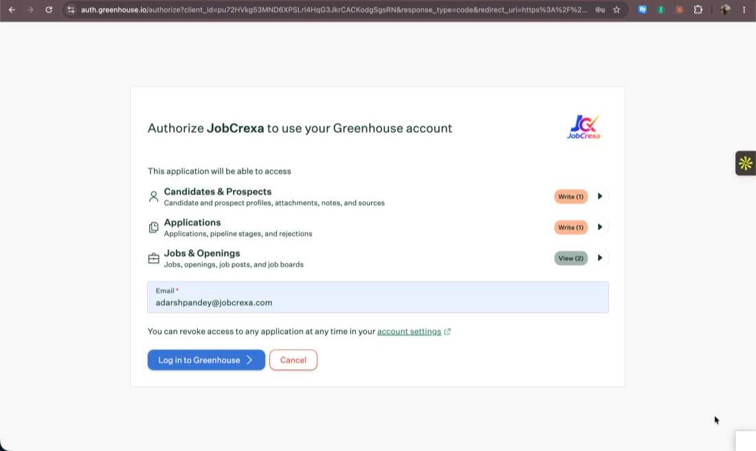 Greenhouse authorization screen requesting an email address