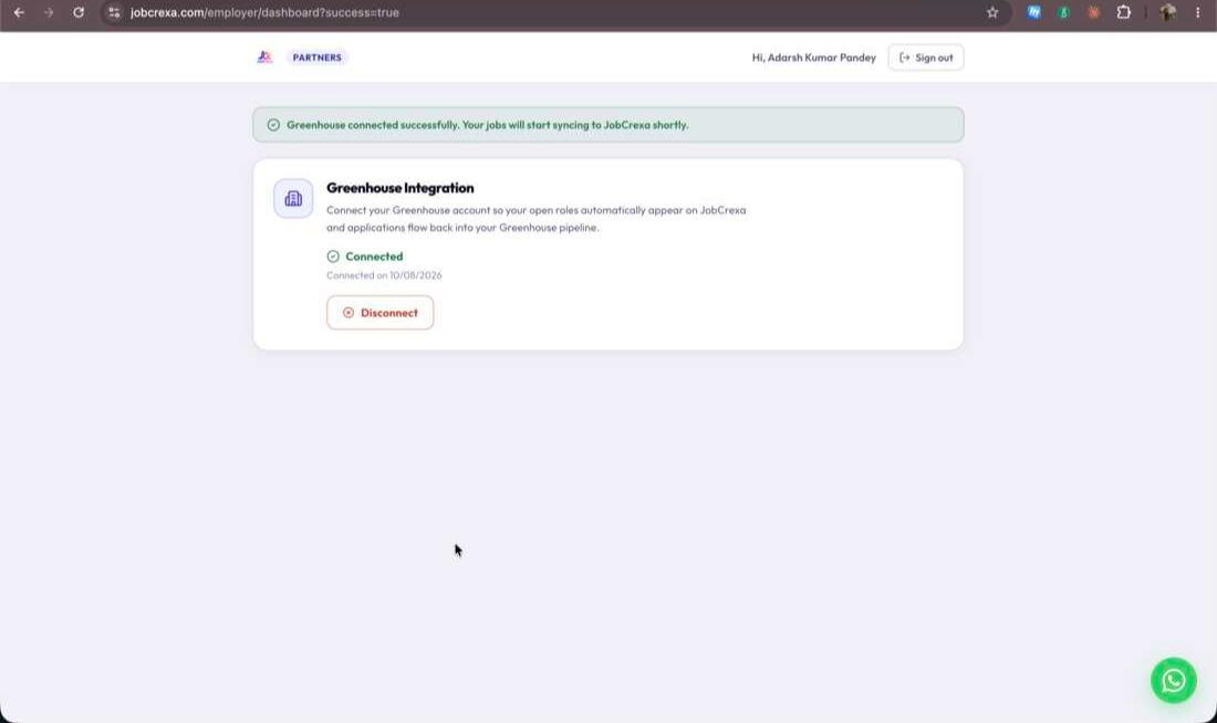 Employer Dashboard showing a Connected status