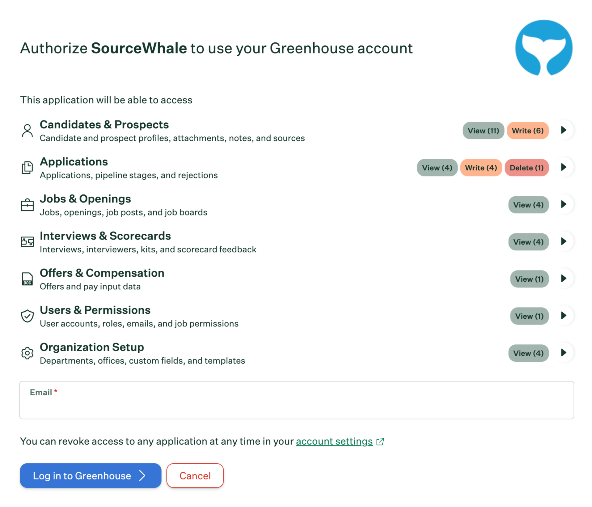 Connect with Greenhouse button in SourceWhale
