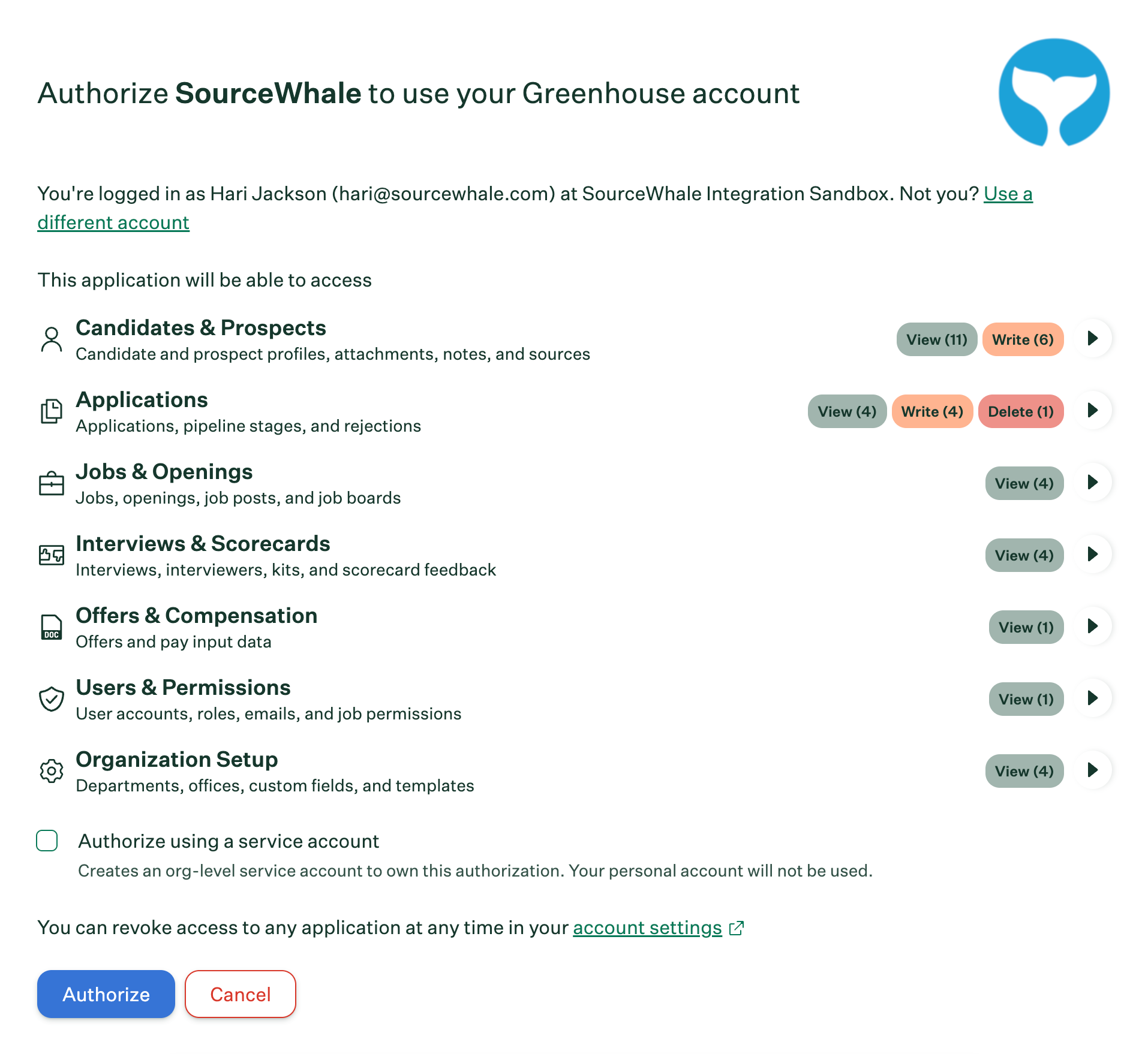 Authorize using a service account option in Greenhouse