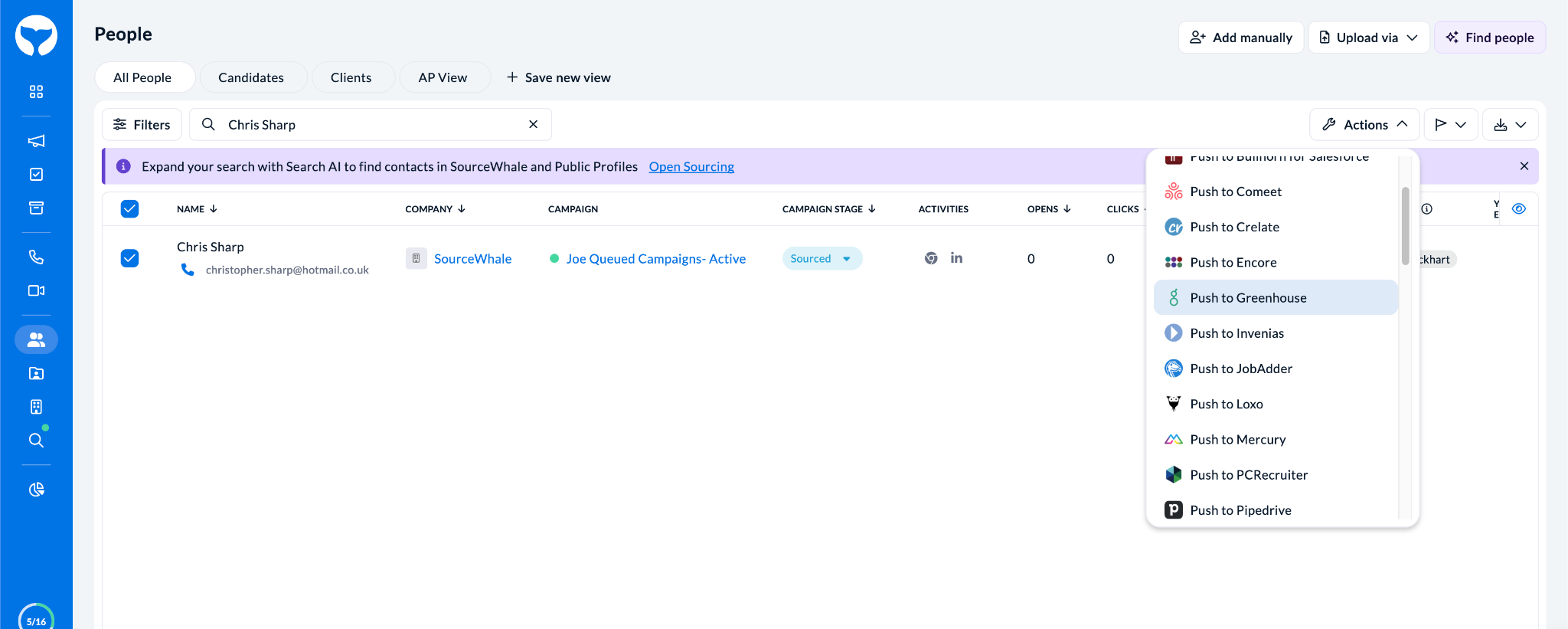 Actions menu with Push to Greenhouse option in SourceWhale