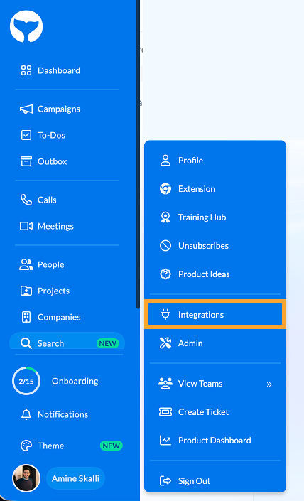 SourceWhale profile menu with Integrations option