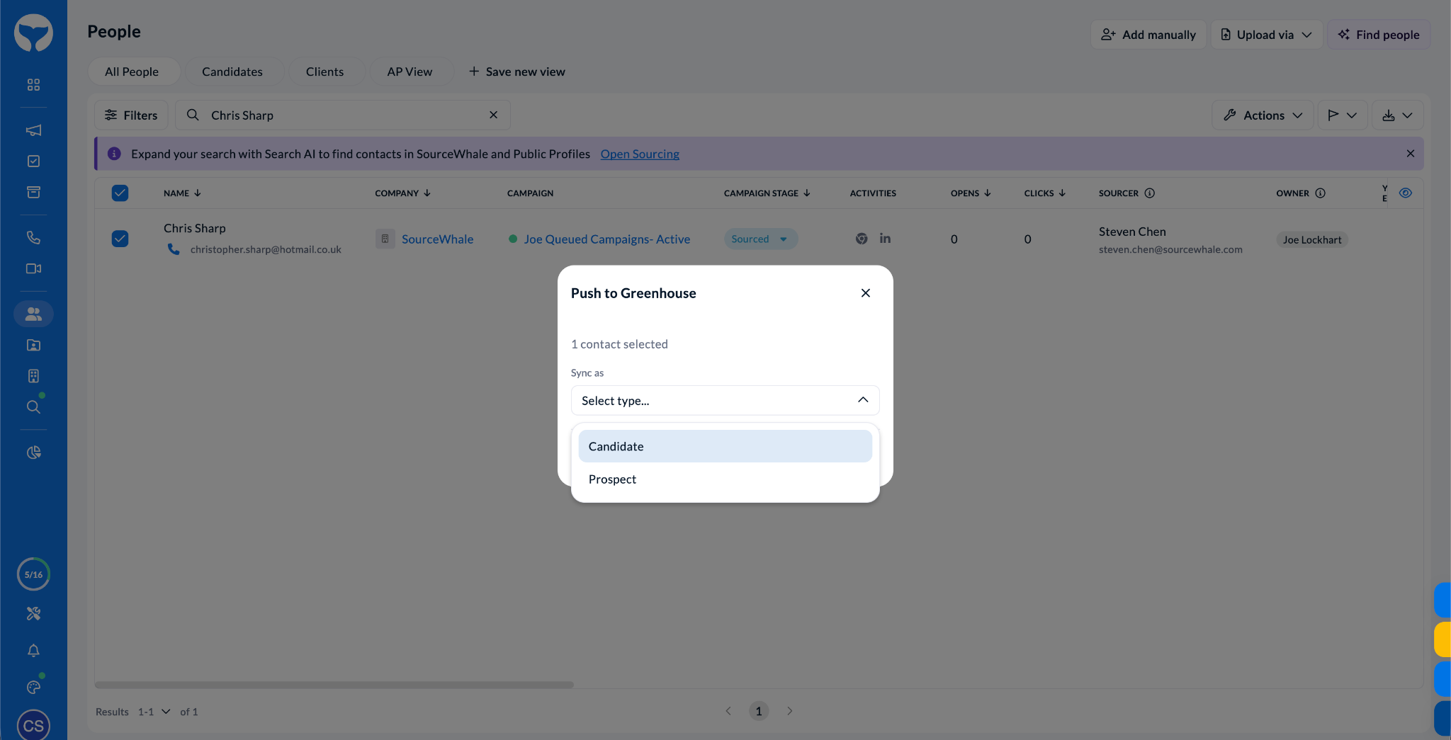 Candidate or Prospect selection in SourceWhale