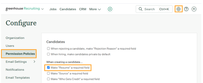 Greenhouse settings requiring resumes for the TalentinoAI stage