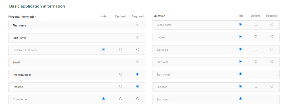 Job post application information settings for the template job