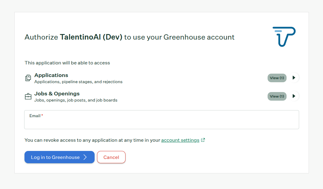 TalentinoAI OAuth authorization screen in Greenhouse