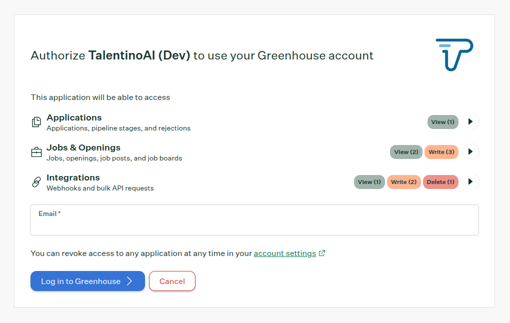 Entering the Greenhouse account email on the consent screen