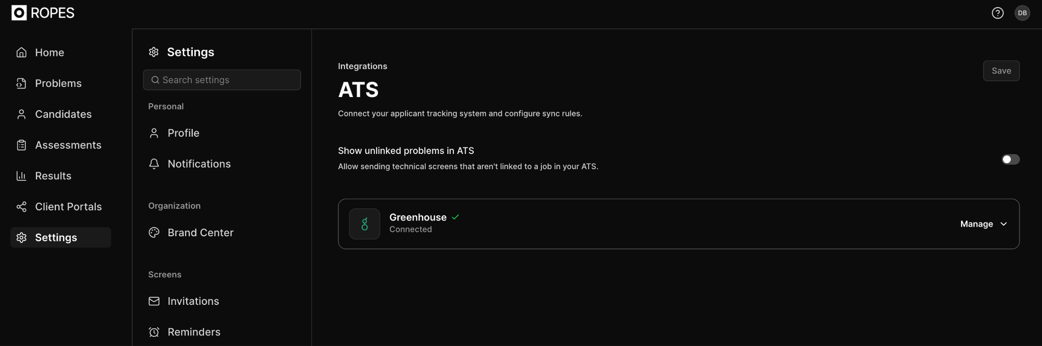 Ropes ATS settings showing the Greenhouse row as Connected