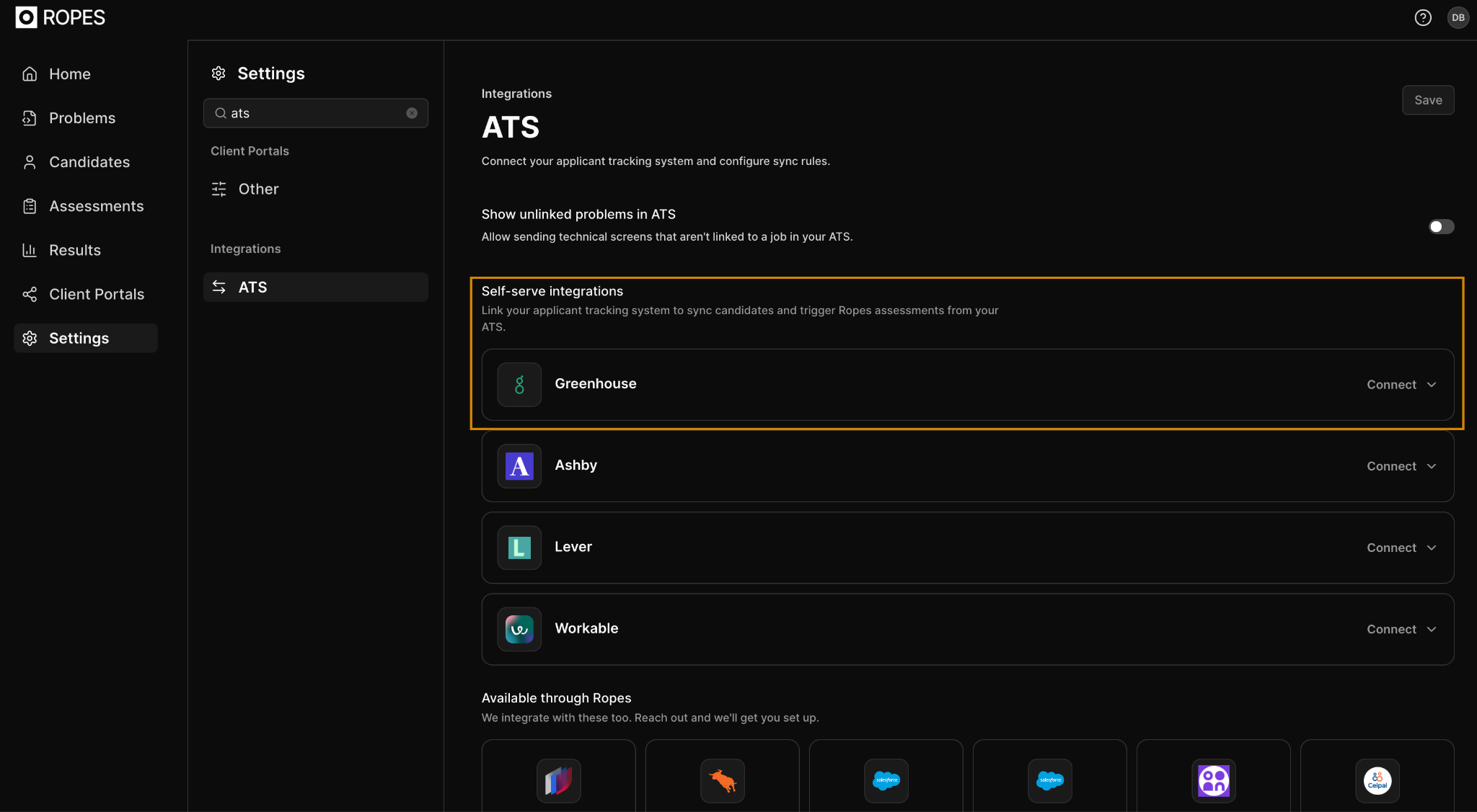 Ropes Settings > ATS page