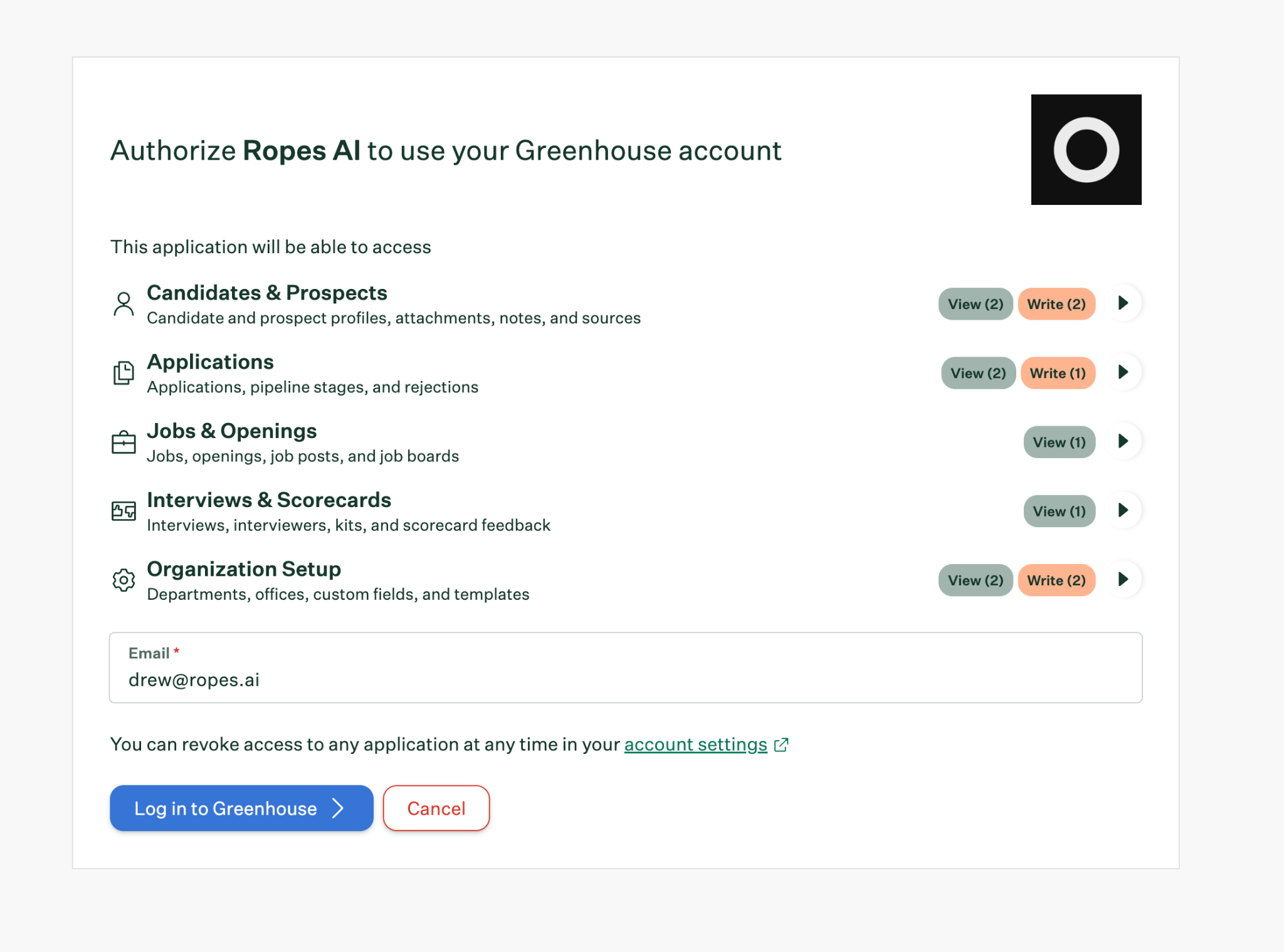 Greenhouse authorization screen with the service account option