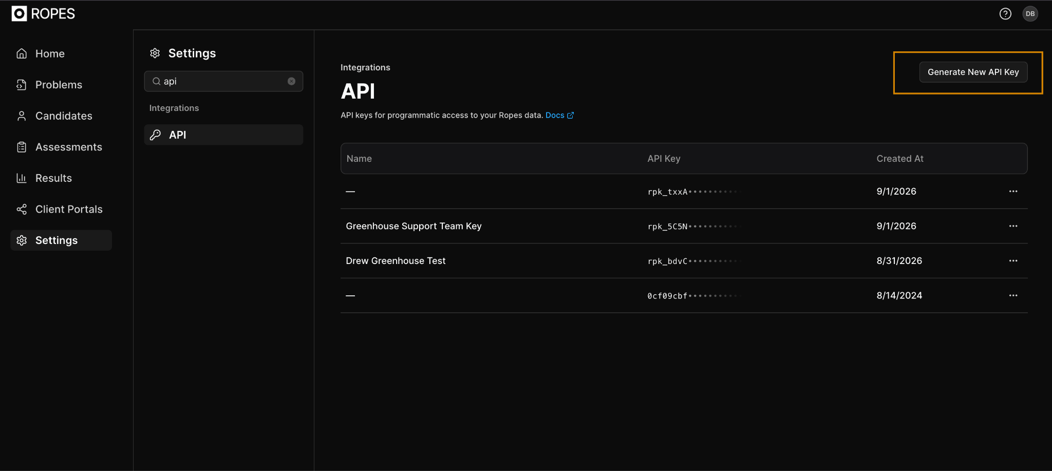 Ropes API settings showing the Generate New API Key button