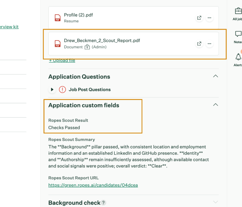 Scout result displayed on a candidate's application in Greenhouse