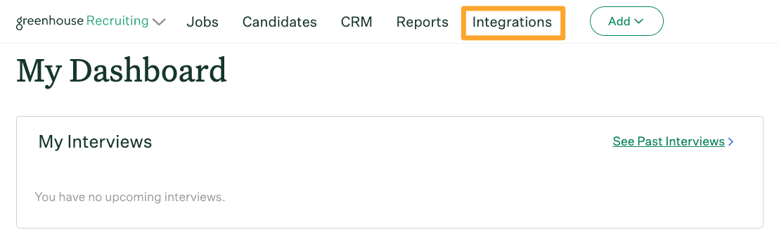 Integrations button highlighted on the Greenhouse Recruiting dashboard page