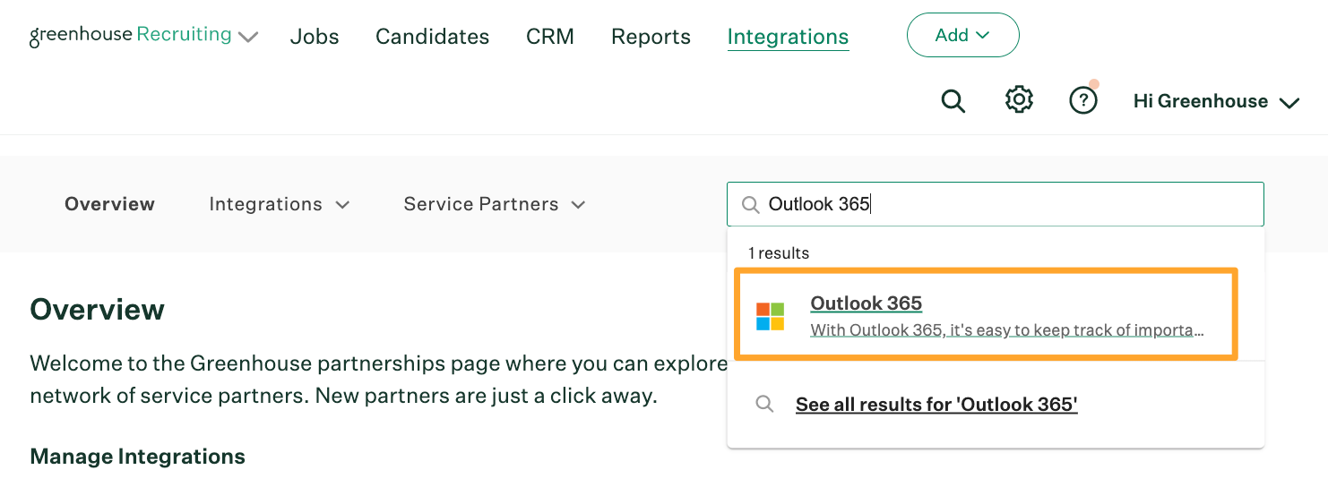 Search results show Outlook 365 on the Integrations page