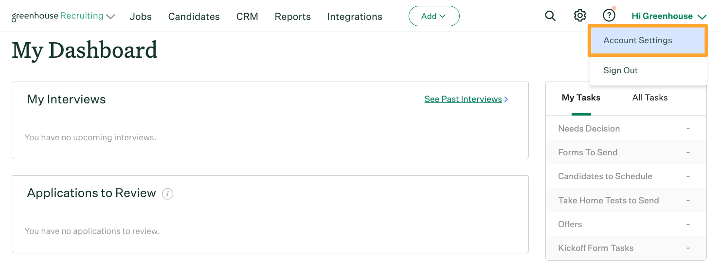 Account Settings dropdown on the Greenhouse Recruiting dashboard