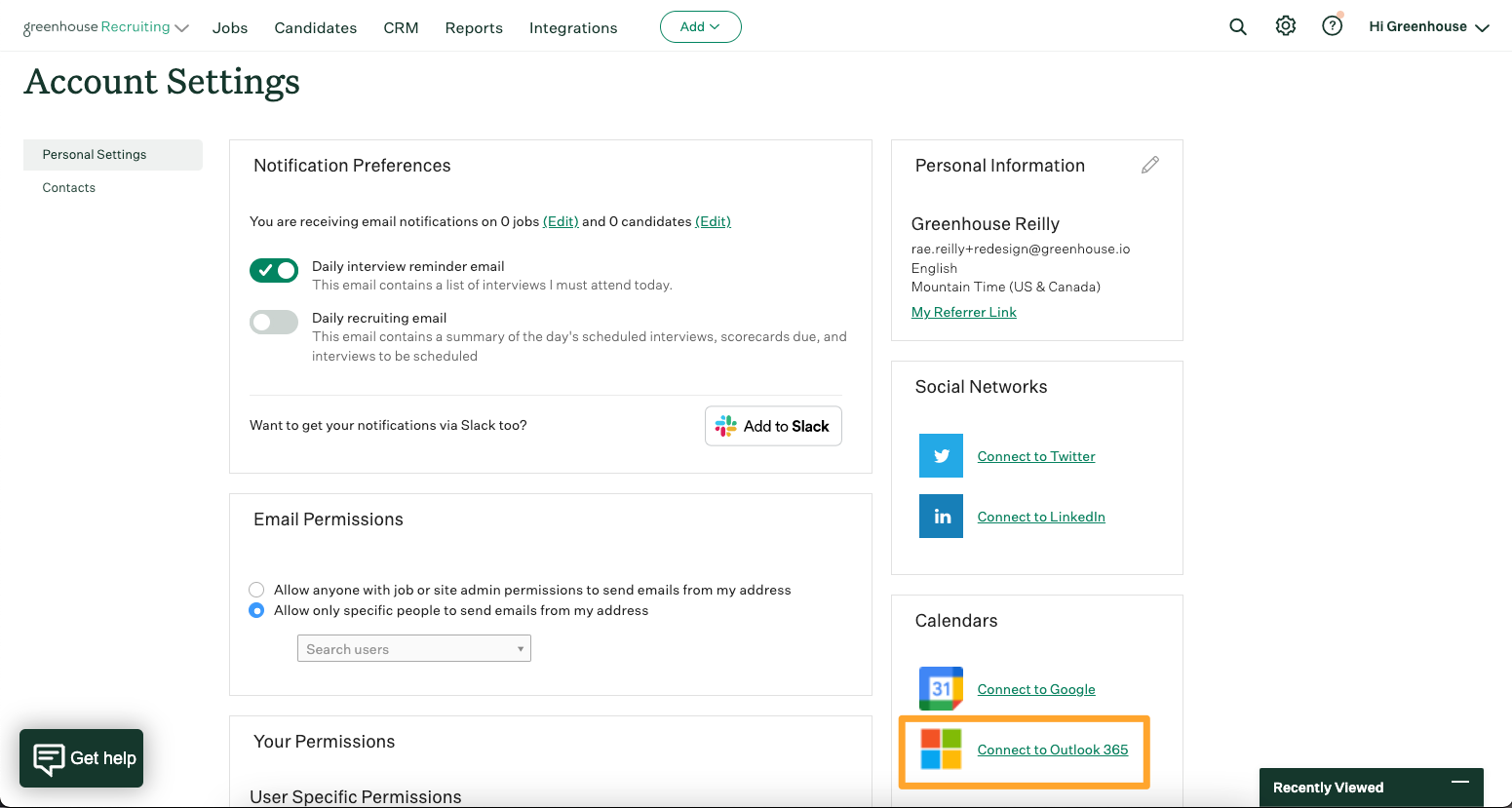 Connect button highlighted on the Outlook 365 integration panel