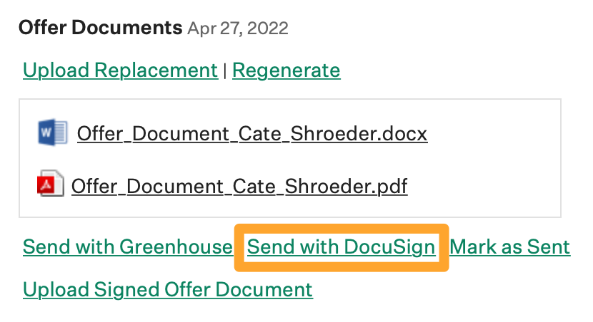 Send with DocuSign is highlighted in marigold among a variety of different send options