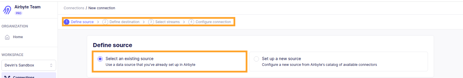The New connection wizard for choosing a source, a destination, the data to sync, and a schedule