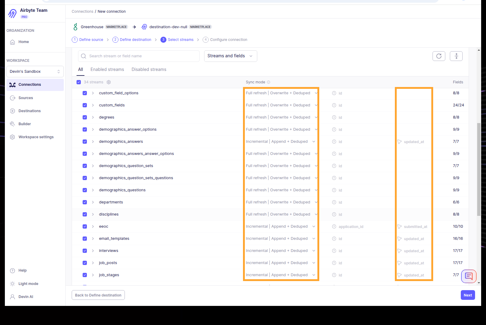 Each stream shows how Airbyte keeps it up to date - incrementally, or with a full refresh