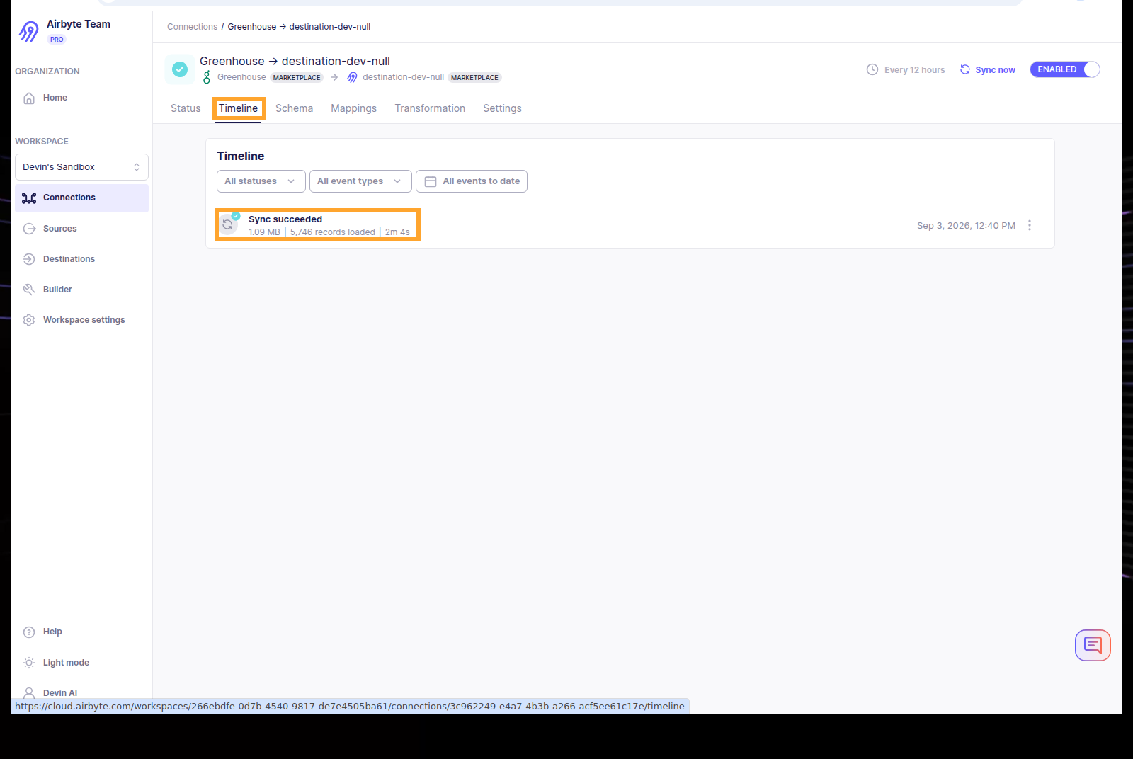 The Timeline tab showing a history of each sync, including records copied and time taken