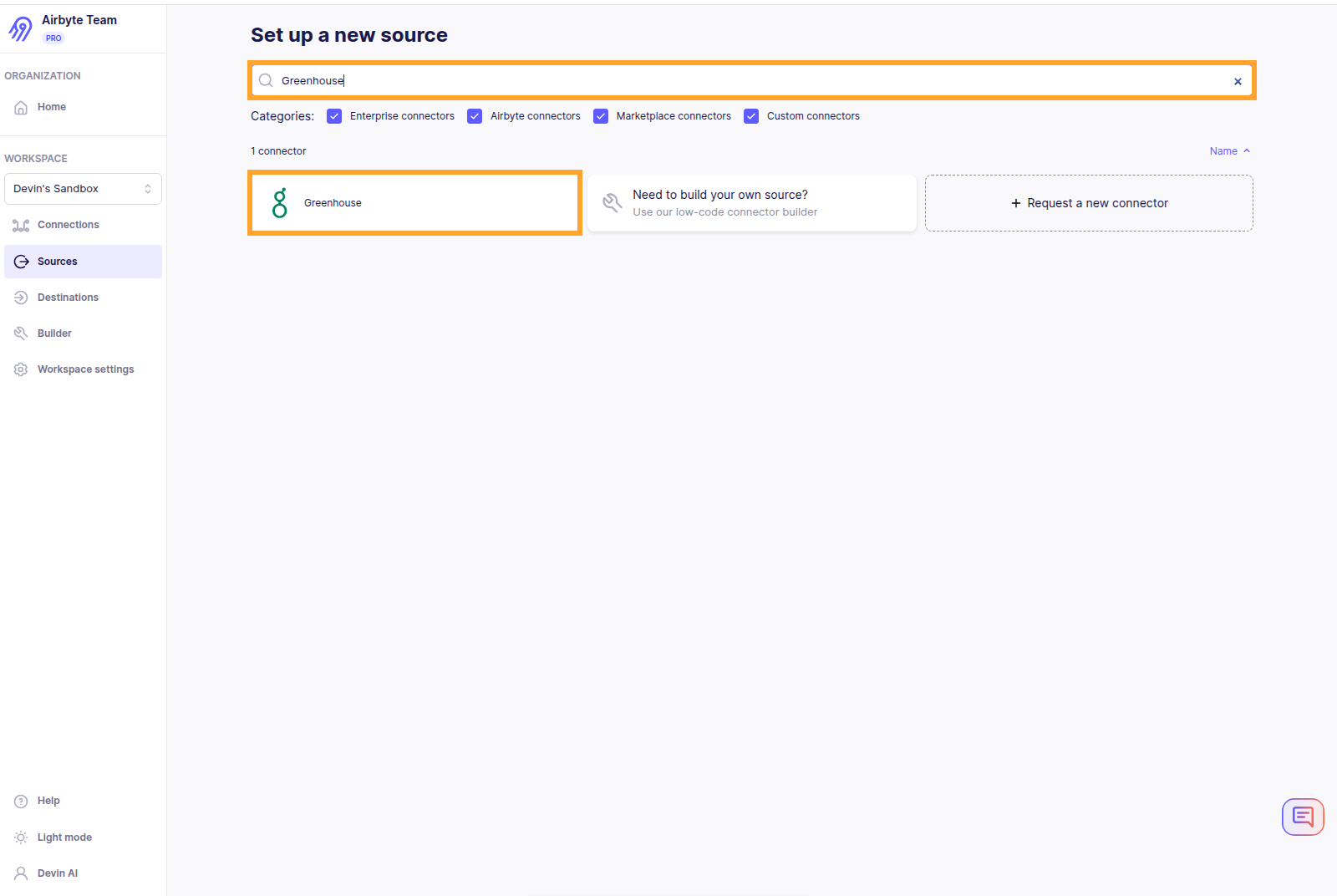 In Airbyte Cloud, go to Sources, click New source, and search for Greenhouse