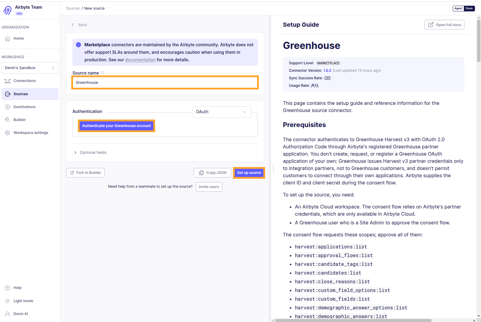 The Greenhouse source page in Airbyte Cloud, with the Authenticate your Greenhouse account button
