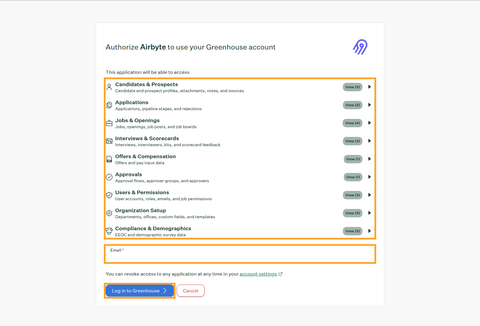 Greenhouse sign-in screen showing the view-only permissions Airbyte is requesting