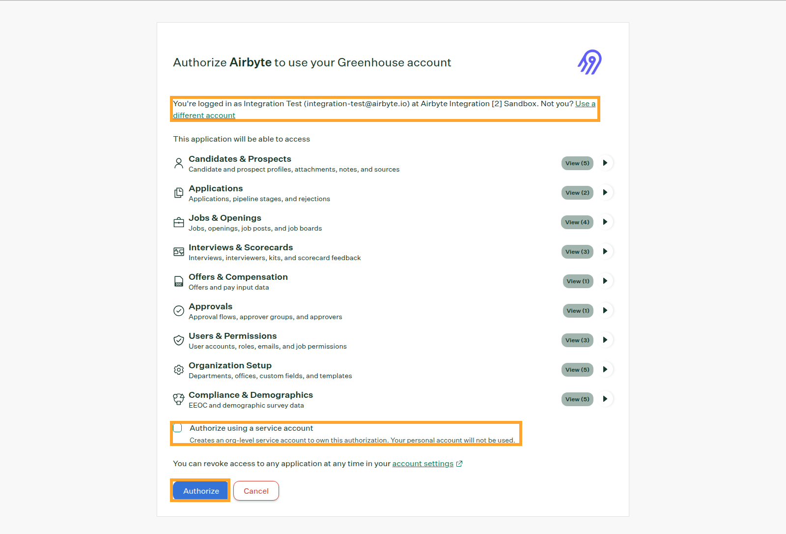 Confirming the signed-in Greenhouse organization before clicking Authorize