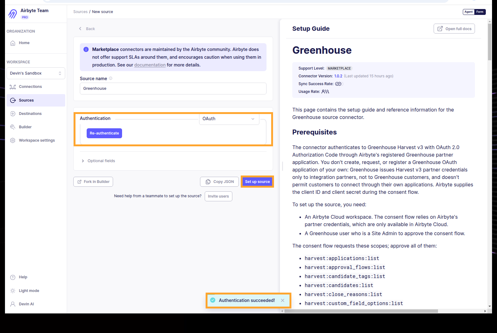 Airbyte Cloud confirming Greenhouse has been connected successfully