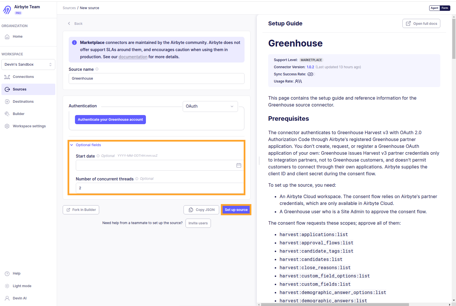 Optional settings for choosing a start date and the number of concurrent threads
