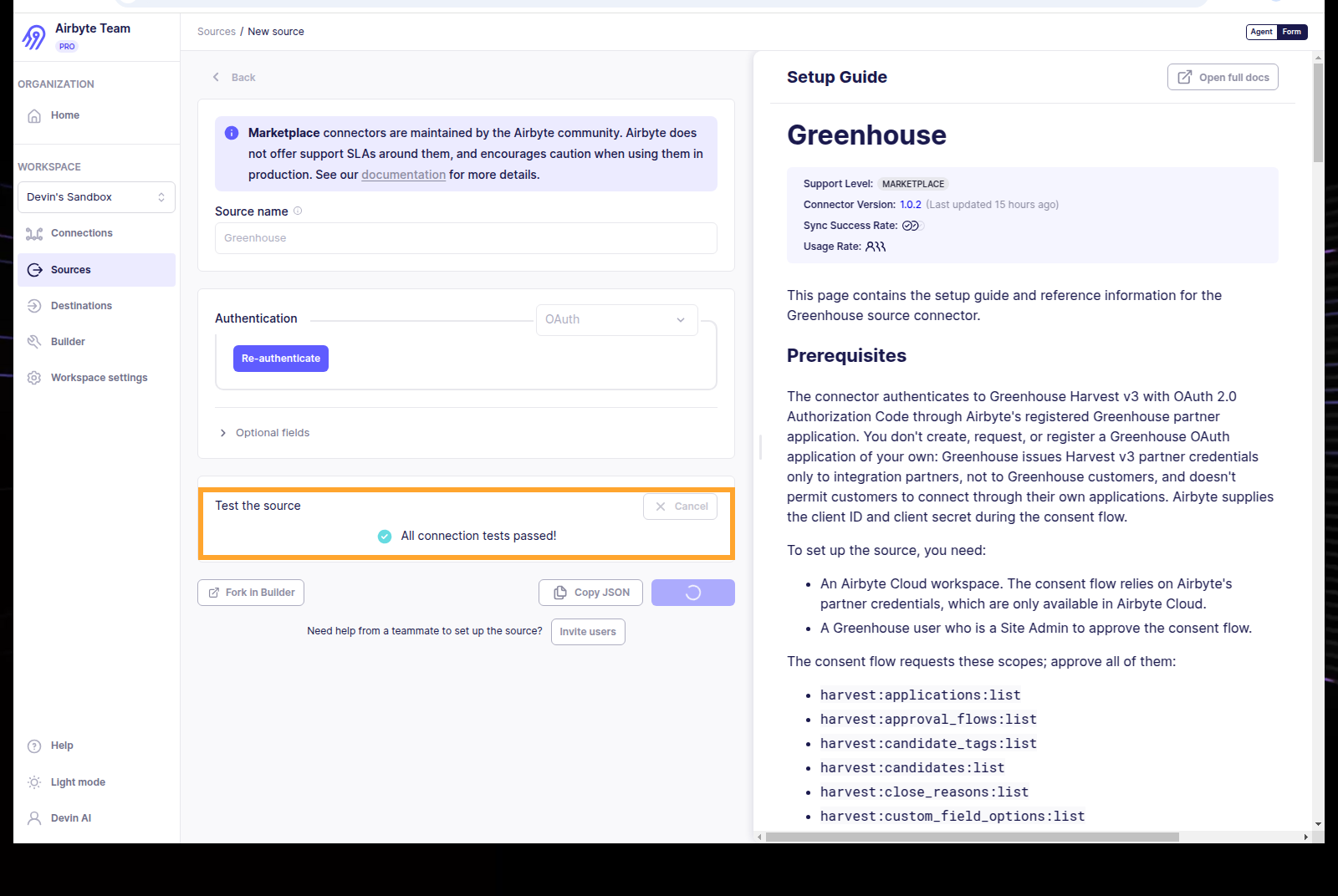 Airbyte confirming it can connect to your Greenhouse account
